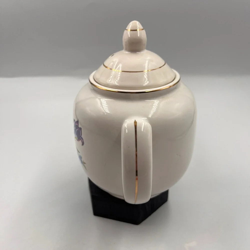 Vtg Porcelain Floral Teapot Gold Trim White Ceramic Tea Pot Multi-Color Flower